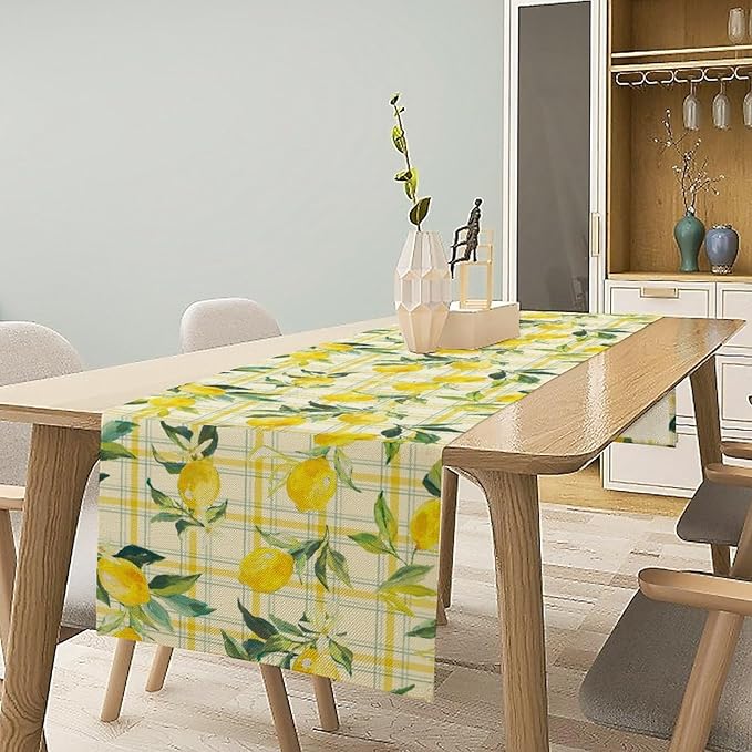 Yellow Plaid Lemon Table Runner Nature Watercolor Plant Countryside Farm Fruit Aesthetic Dining Table Decoration for Home Holiday Party Dresser Kitchen Cabin Restaurant Wedding Decor 13×90in