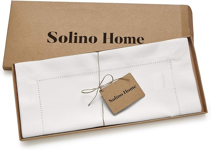 Solino Home White Table Runner 60 Inches - Cotton Linen Hemstitch Coffee Table Runner 14 x 60 Inch Ideal for Dresser Tables - Winter, Valentines, Spring, Easter