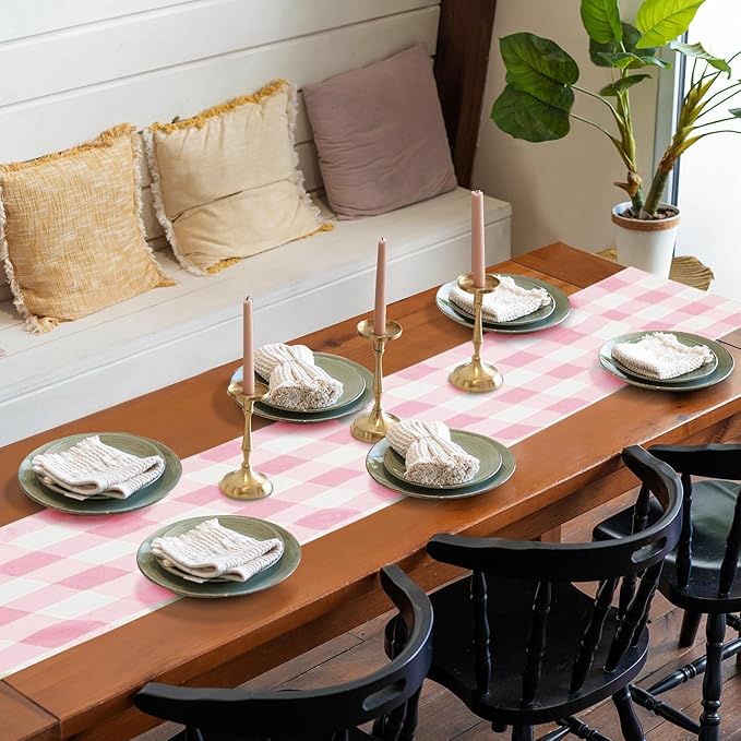 Fabric Checkered Table Runner 1 Pack Waterproof Gingham Table Runner 14W x 108L Buffalo Check Table Runners for Parties Kitchen Dining Wedding Banquet (Pink and White)