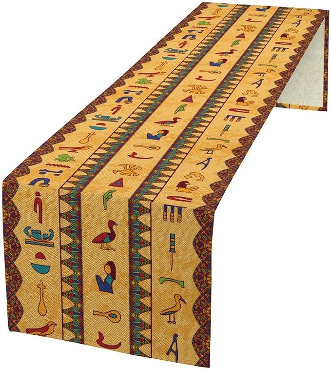 Egyptian Table Runner, Colorful Ancient Egyptian Hieroglyphs Floral Geometric Table Runner for Kitchen Family Dining Holiday Party Farmhouse 13x108in