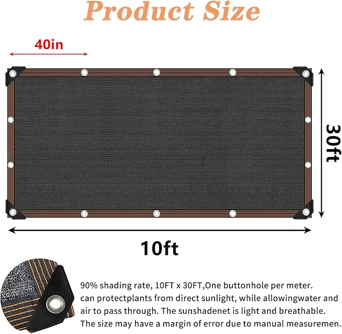 Shade Cloth 90% Sunblock Net for Garden Patio, Shade Sails -for Plants Greenhouse Outdoor Pergola Lawn Swimming Sun Protection Screen Cloths for Kennel Chicken Coop Easier to Hang Net Cover, 10x30 FT