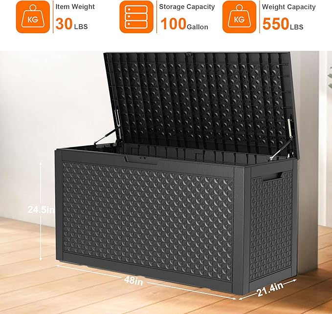 New 100 Gallon Outdoor Storage Box – Resin Deck Box with Lockable Lid, Waterproof Patio Furniture Storage for Tools, Garden & Yard Organization (Black)