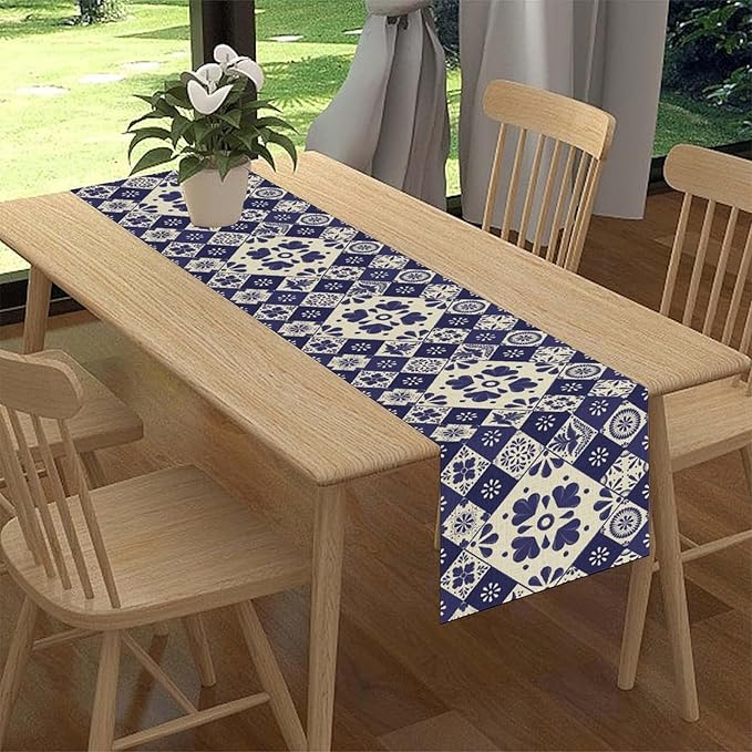 Mexican Table Runner, Blue Floral Birds Mexico Talavera Ceramic Dia De Los Muertos Coffee Table Center Decor for Family Home Kitchen and Dining Farmhouse Indoor Outdoor Table Decorations, 13" X 108"
