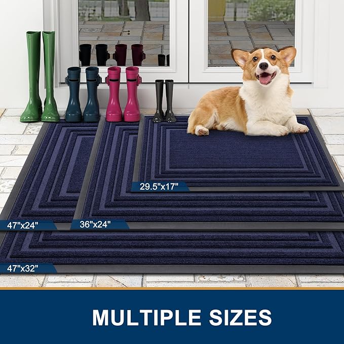 Buganda Front Door Mat Indoor Outdoor Entrance, Non-Slip Natural Rubber Doormats, Easy Clean, Low Profile, Dirt Trapper Entryway Floor Mats for Outside, Garages and Patios, 47x24, Navy