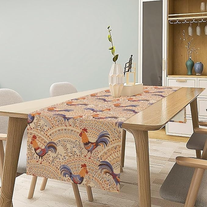 Cute Roosters Table Runner, Boho Rustic Cock Chicken Vintage Arch Floral Plants Print Table Cover for Holiday Kitchen Dining Table Indoor Outdoor Home Party Decor, 13x70inch