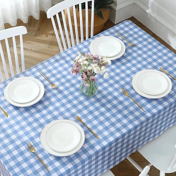 Romanstile Square Vinyl Tablecloth, 100% Waterproof Buffalo Gingham Plastic Table Cloth, Heavy Duty Wipeable Checkered Table Covers for Outdoor, Camping, Picnic, Patio - 54 x 54, Light Blue