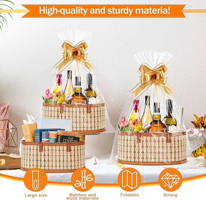 Orchidleaf 2 Set Baskets for Gifts Empty, Gift Empty Bamboo Basket Large, Foldable Woven Gift Basket with Handle for Baby Baptisms, Mother's Day, Christmas, Housewarming