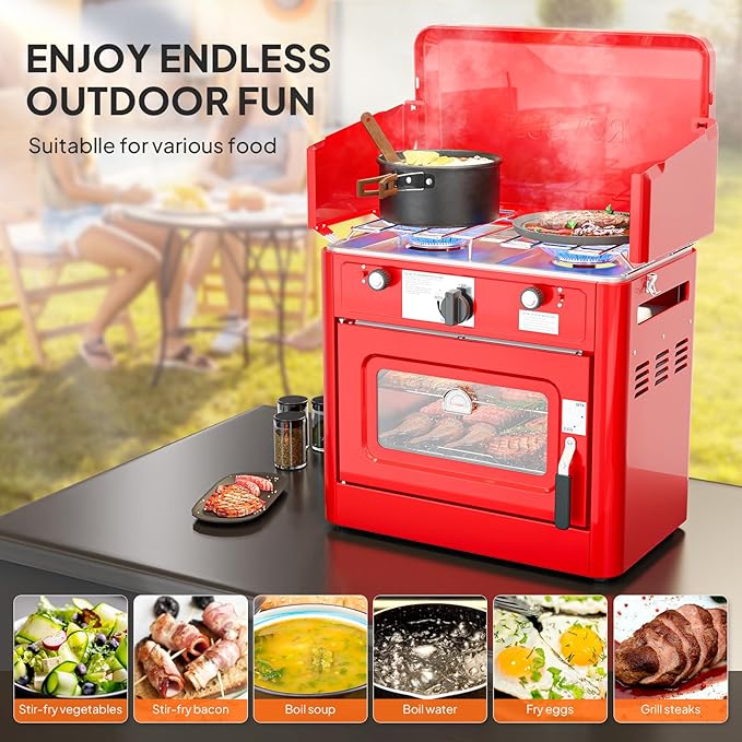 ROVSUN 2-in-1 Camping Stove with Propane Oven, Portable 2 Burner Stove & Outdoor Oven Combo with Auto-ignition & Thermometer for Camping Backyard Picnic