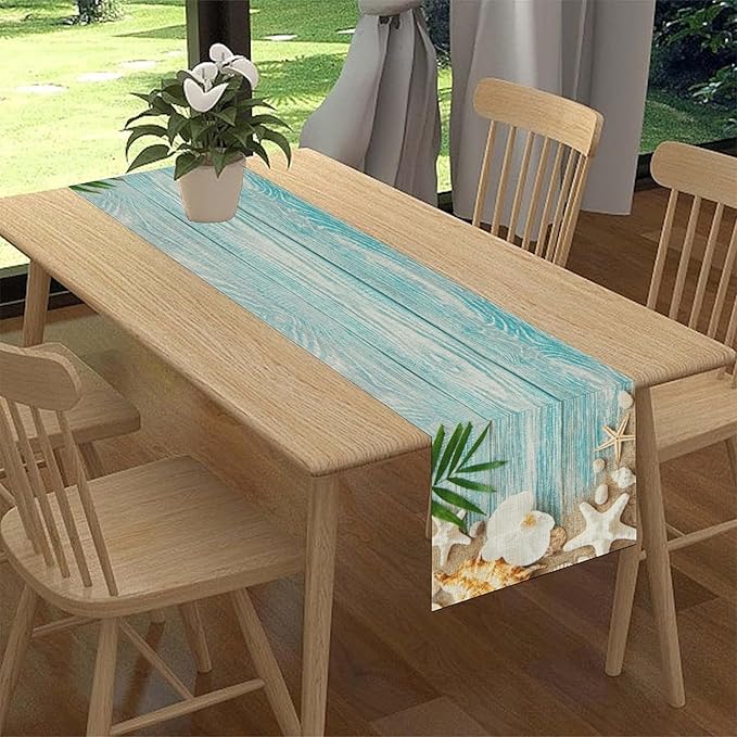 Blue Wooden Starfish Table Runner, Turquoise Tropical Summer Sandy Ocean Beach Coffee Table Center Deco, for Kitchen Family Festival Farmhouse Party and Living Room Table Decorations, 13" X 90"