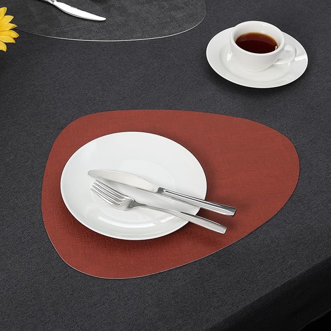 Placemats and Coasters, Washable Reversible Placemats Round Faux Leather Wipeable Place Mats Non Slip Heat Resistant Indoor Outdoor Table Mats (Set of 6, Gray Terracotta)
