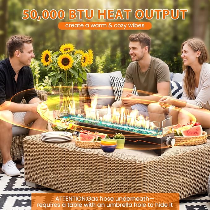 Tabletop Propane Fire Pit 36 Inch, 50000 BTU, Stainless Steel Outdoor Table Top Firepit with Cover and Wind Guards, Portable Tabletop Fire Pit for Patio and Camping