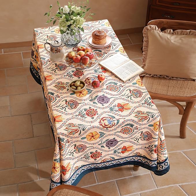 Vintage French Long Rectangular Tablecloth,Linen Tablecloth with Rose and Cornflower Pattern,Decorative Table Cover for Kitchen,Dining,Thanksgiving,Tea Party,63" × 102"-Lanae