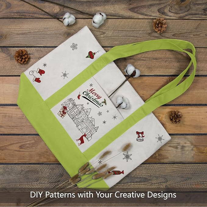 TOPDesign 6-Pack Canvas Tote Bags with an External Pocket, Reusable Grocery Shopping Bags, Top Zipper Closure, Daily Essentials (Light Green/Natural)