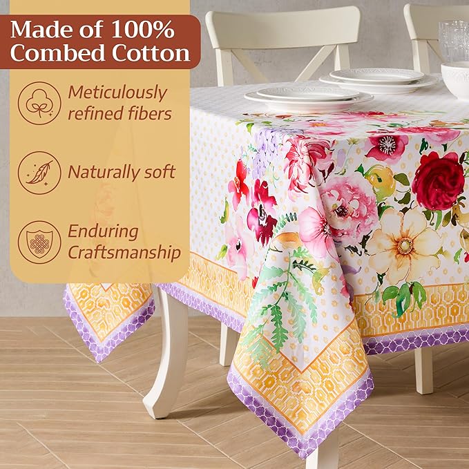 Maison d' Hermine Premium Table Cloth Rectangle Table 100% Combed Cotton 108 x 70 Inches Tablecloth Reusable Decorative for Dining Room, Farmhouse, Home, Party, Festive & Wedding - Summer Joy