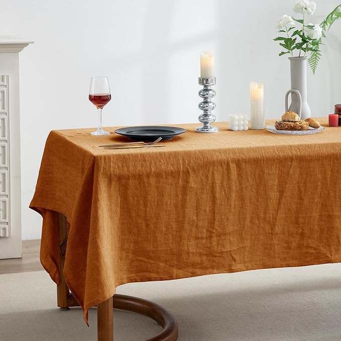 EVERLY 100% Pure Linen Rectangle Tablecloths 60x84Inches for Dining,Buffet Parties,Picnic,Events,Weddings and Restaurants,Decorative Halloween,Thanksgiving Machine Washable Tablecloths-Caramel
