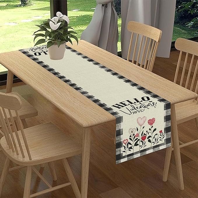 Valentines Day Table Runner,Vintage Rustic Black White Red Heart Buffalo Plaid Table Center Decor for Family Kitchen Living Room Outdoor Farmhouse Party Table Decorations, 13"x90"