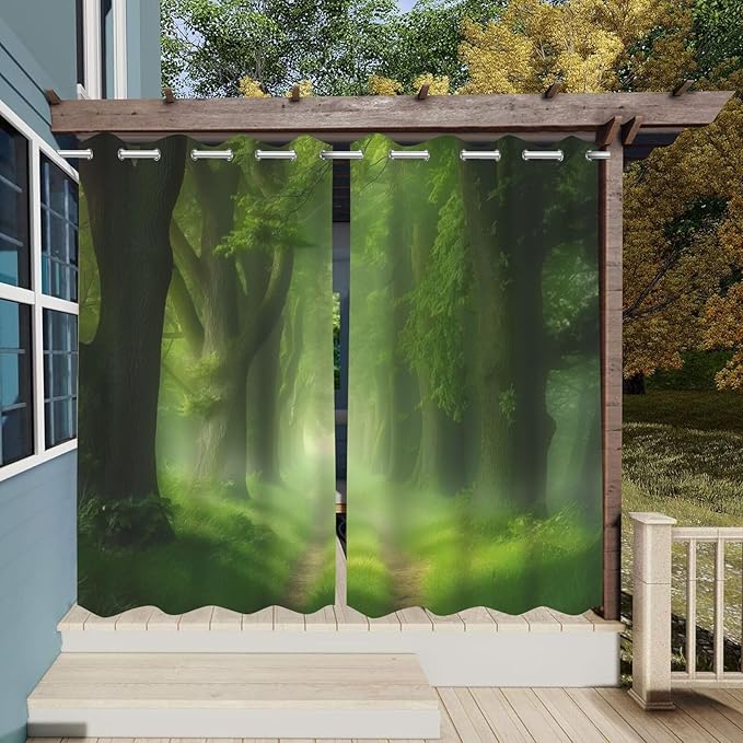 Forest Theme Waterproof Indoor/Outdoor Curtains,Dawn Trees Jungle Pattern,Privacy, Grommet Curtains for Patio, Pergola, Porch, Deck, Lanai, and Cabana,2 Panel,W54 x L96,Green