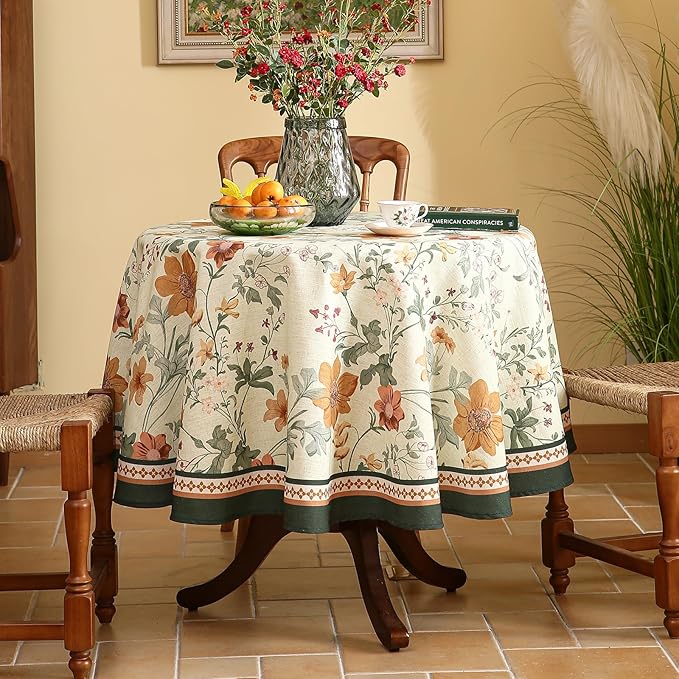 French Tablecloth for Round Table,Linen Orange Floral Wrinkle Resistant Tablecloths,Decorative Table Cover for Kitchen,Dining,Tea Party,Thanksgiving,Christmas,Diameter 67"-Milch