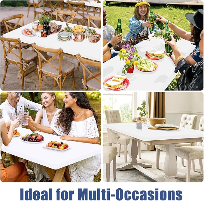 Spandex 8 Foot Rectangle Table Cloth 6 Pack, Elastic Fitted Tablecloths for Picnic, Stretch Washable Patio Table Cover for Outdoor, Camping, Banquet and Parties (White, 30"x96")