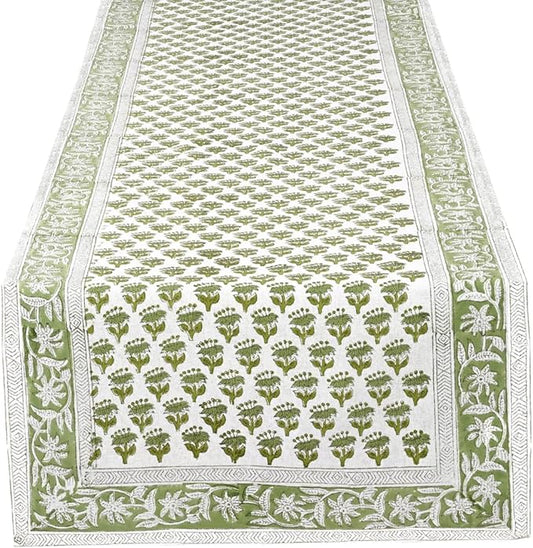 CPC Cotton Table Runner 16x106 inch Block Printed Long Fall Table Runner for Dining Table, Card Table, Coffee Table, Wedding, Farmhouse & Outdoor Barbeque-Emerald Green