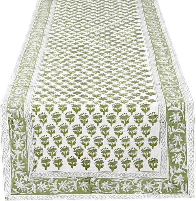 CPC Cotton Table Runner 16x60 Inch Block Printed Long Fall Table Runner for Dining Table, Card Table, Coffee Table, Wedding, Farmhouse & Outdoor Barbeque-Emerald Green
