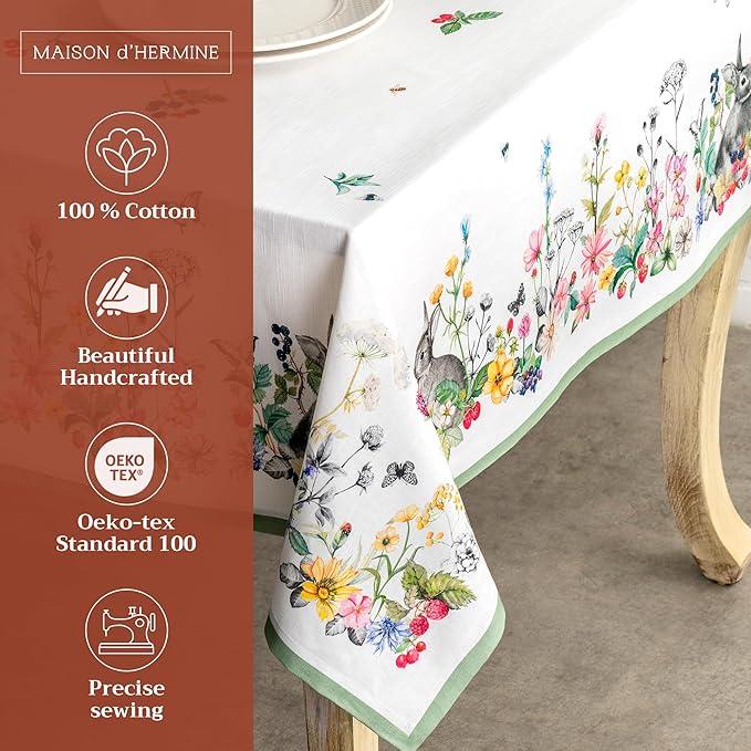 Maison d' Hermine Table Cloth Rectangle Table 100% Cotton 60 x 108 Inches Tablecloth Reusable Decorative for Dining Room, Farmhouse, Home, Party, Festive & Wedding Spring Summer - Printemps