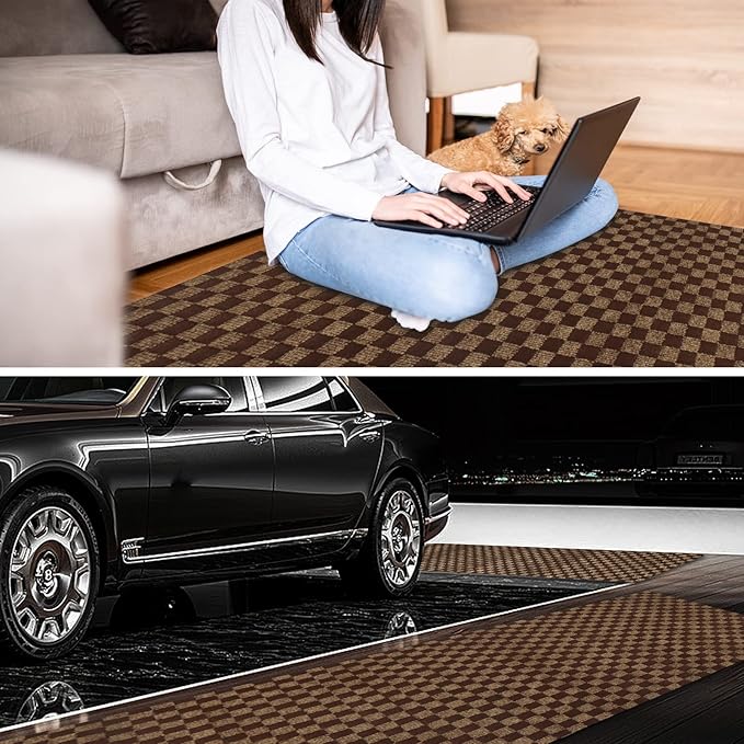 4' x 31' Runner Rugs with Rubber Backing, Indoor Outdoor Utility Carpet Runner Rugs, Checkered Brown, Can Be Used as Aisle for The RV and Boat, Laundry Room and Balcony