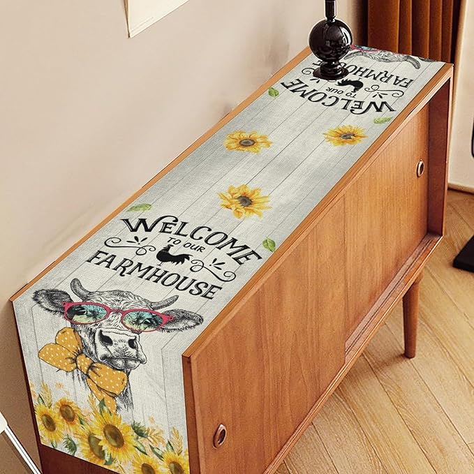 Farmhouse Cow Table Runner, Rustic Yellow Sunflower Floral Buffalo Animals Spring Coffee Farm Table Center Decor for Family Kitchen and Living Room Country Holiday Party Table Decorations, 13" X 108"
