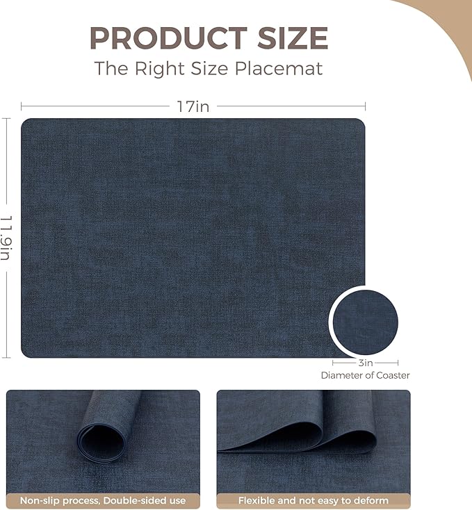 Vinyl Placemats Set of 8, Faux Leather Waterproof and Heat Resistant Place Mats, Washable Anti-Slip Table Mats with Coaster, Wipeable Placemats for Indoor & Outdoor 17" x 12" (Navy Blue, Set of 8)