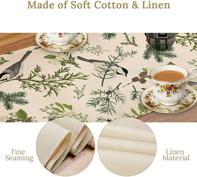 Bird Spring Table Runner,Vintage Watercolor Perching Birds Green Pine Branches Table Runner for Kitchen Dining Table Holiday Indoor Outdoor Home Party Decor 13x108in