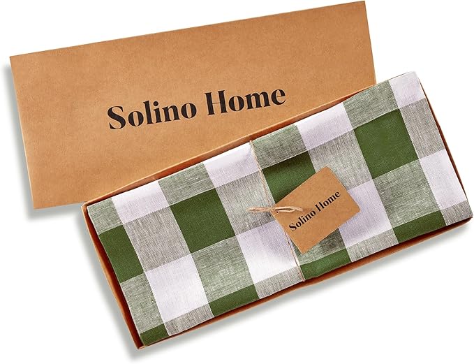Solino Home Linen Table Runner 48 Inches - 100% Pure Linen Buffalo Check Olive and White Table Runner 14 x 48 Inch Ideal for Dresser and Coffee Tables, Spring, St Patricks Day, Easter