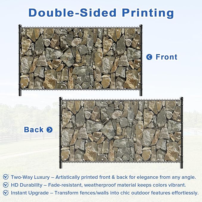 UPGRADE 4'x48'Customized PVC Privacy Fence Screen with Stone Wall Print – Outdoor Waterproof Patio Privacy Cover for Yard, Balcony, Garden Fence Decoration