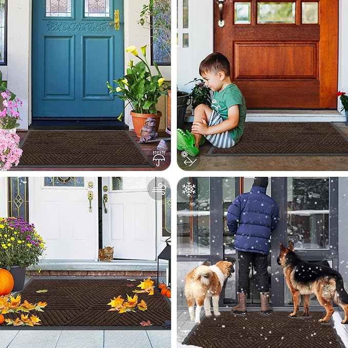 Smiry Front Door Mat Outside Entrance, Heavy Duty Sturdy Natural Rubber Doormat, Trap Dirt and Moisture, Easy Clean Low Profile Mats for Indoor Outdoor Entry, Irregular Triangle (36x24, Dark Brown)