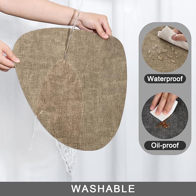 Placemats and Coasters, Washable Reversible Placemats Round Faux Leather Wipeable Place Mats Non Slip Heat Resistant Indoor Outdoor Table Mats (Set of 6, Gray Beige)