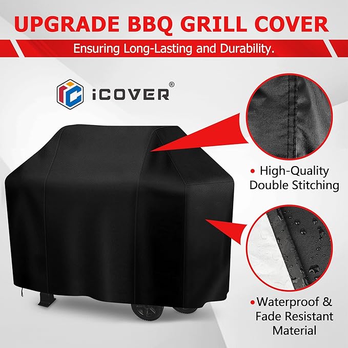 iCOVER Grill Cover, 60 inch BBQ Grill Cover for Outdoor Grill, Anti-UV & Fade Resistant Gas Grill Cover, Waterproof Barbecue Grill Covers for Weber, Char-Broil, Nexgrill and More, Black