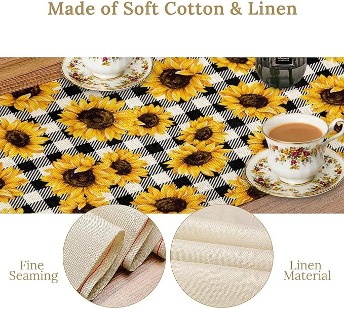 Summer Sunflower Table Runner, Sunshine Seasonal Buffalo Plaid Table Runner for Indoor Home Party Kitchen Dining Outdoor 13x36in