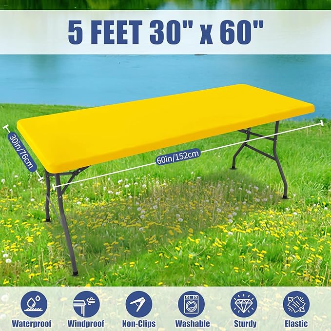 Spandex 5 Foot Rectangle Table Cloth 6 Pack, Elastic Fitted Tablecloths for Picnic, Stretch Washable Patio Table Cover for Outdoor, Camping, Banquet and Parties (Yellow, 30"x60")