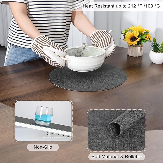 Myir JUN Round Placemats, Dual Sided Faux Leather Place Mats Set of 4 Indoor/Outdoor Non-Slip Washable Table Mats (Gray, Set of 4)
