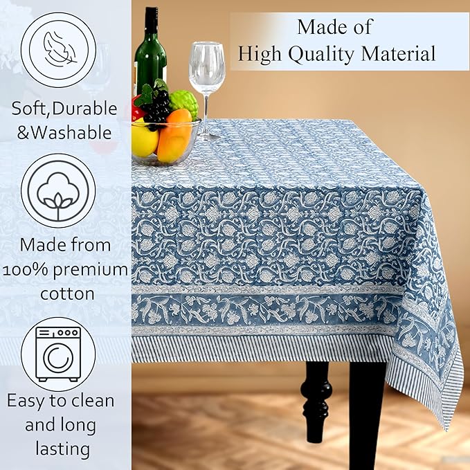 CPC Azure Regal Tablecloth 100% Cotton 60x60 Inch Indian Block Print Rectangle Table Cover, Table Cloth for Gifting in Weddings, Halloween, Fall, Christmas, Thanksgiving