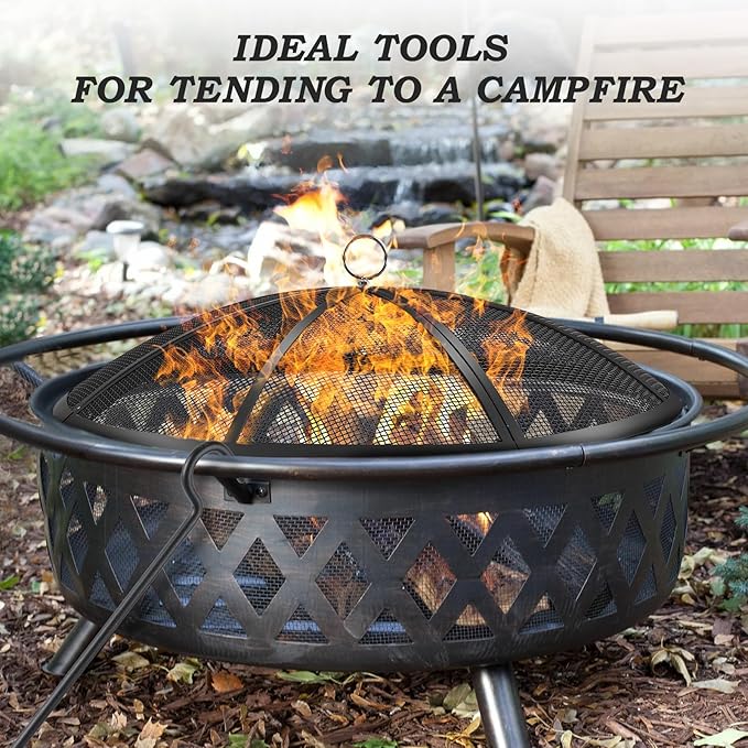 Fire Pit Spark Screen, 30 Inch Diameter Fire Pit Screen with Handle & Poker,Heavy Duty Metal Mesh Fire Pit Screen,Fire Pit Lid for Outdoor/Beach/RV Camping/Backyard