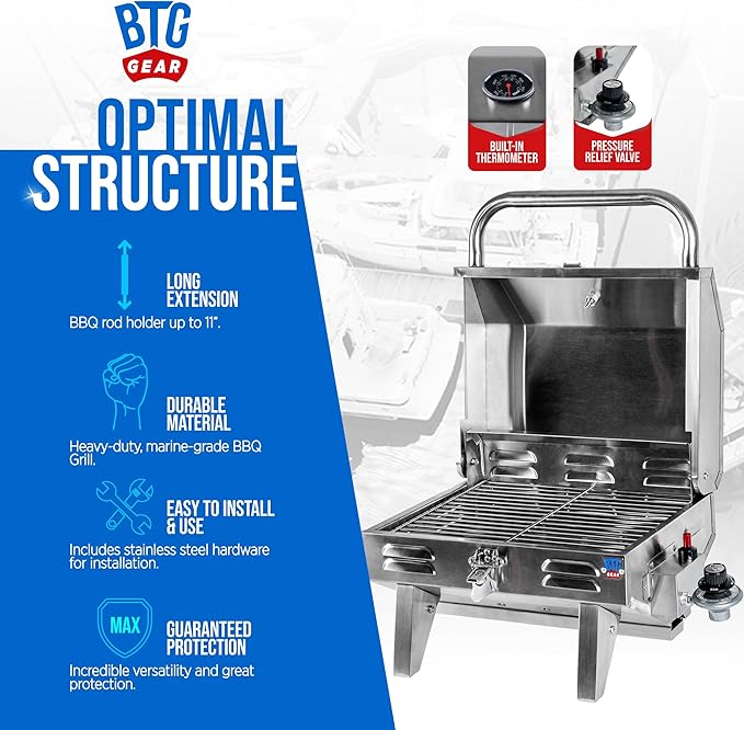 Tailwaves Marine Grill w/Rod Holder Mount | Stainless Steel | Propane BBQ for Boats & Tailgating & Camping | Built in Thermometer | Portable | Fold-away legs