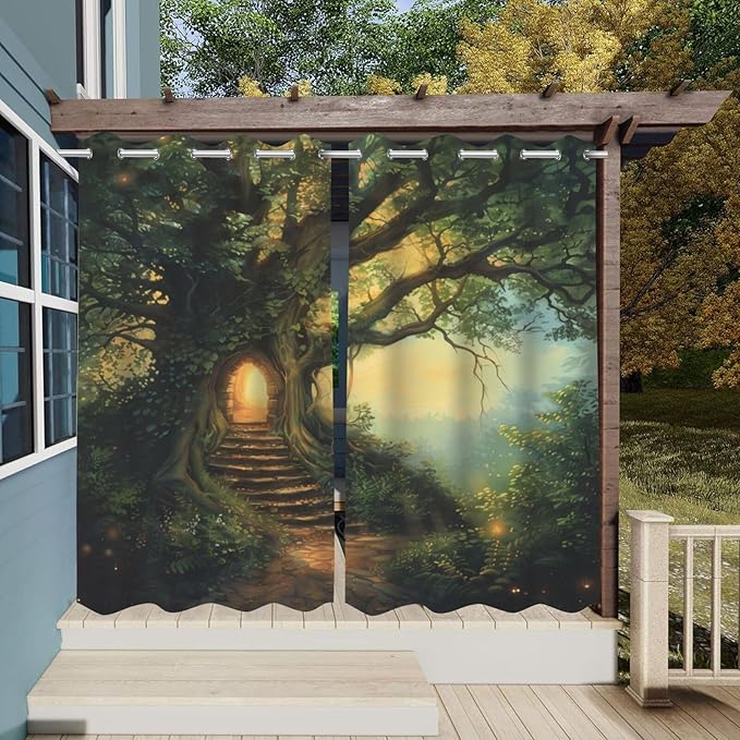 Fantasy Theme Outdoor Curtains for Patio Waterproof,Forest Pattern,Light Filtering Curtains Outside Curtains for Porch, Gazebo, Pergola, Backyard,Set of 2 Panels,54 x 108 inch,Green