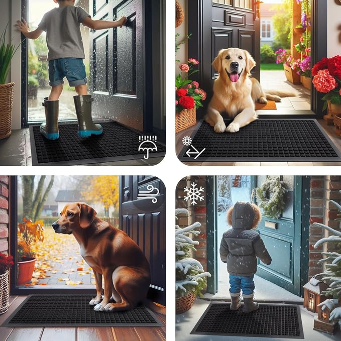 Smiry Front Door Mat Outside Entrance, Heavy Duty Natural Rubber Doormat, Non Slip, Trap Dirt and Moisture, Easy Clean, Low Profile Welcome Floor Mats for Indoor Outdoor Entry, 47x23 Inch, Black