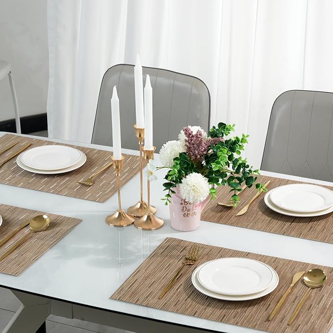 Placemats Set of 6，Non-Slip PVC Weave Table Mats Easy to Clean，Heat Resistant Place Mats for Kitchen Dining Table Decoration Indoor Outdoor，Light Brown