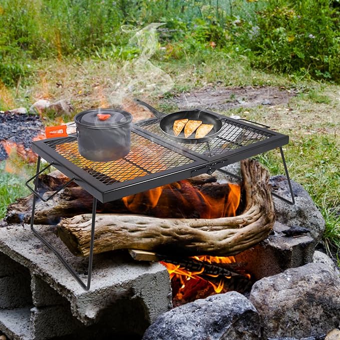 Large Folding Campfire Grill Grate, Portable Heavy Duty Steel Over Fire Camp Grill for Outdoor Camping Cooking Fire Pit, Black Folded in Half, 23.6"x15.7"
