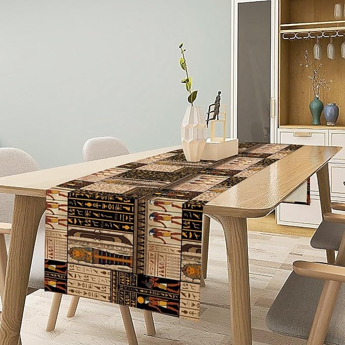 Ancient Egyptian Table Runner, Vintage Abstract Mystical Hieroglyphics Culture Table Runner for Dining Coffee Party Holiday Farmhouse 13x70in