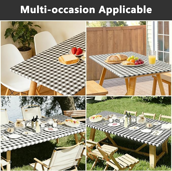 Rectangle Picnic Table Cloth, Elastic Waterproof Fitted Vinyl Tablecloths for 8 Foot Tables, Wipeable Flannel Backed Table Covers for Dining, Camping, Outdoor(Black Plaid,36"x96")