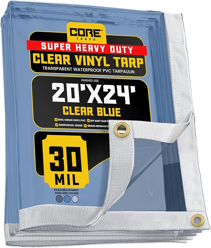 Core Tarps 30 Mil Extreme Heavy Duty Clear Tarp with Gromments - 20x24ft Super Clear Tarps Heavy Duty Waterproof Vinyl Tarpaulin, Transparent Tarp for Outdoor, Camping & Construction, Clear Blue
