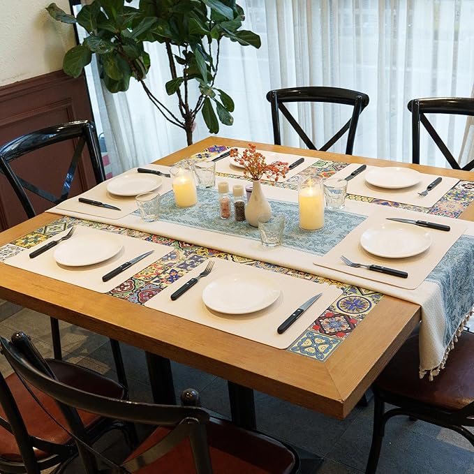 Faux Leather Placemats Set of 4 – 17x12 Inch Vinyl Table Mats, Heat Resistant, Non Slip, Wipeable & Washable, Easy to Clean Dining Table Decor for Kitchen & Dining Room（Ivory White）