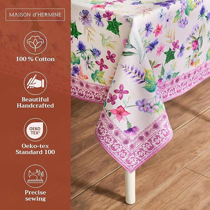 Maison d' Hermine Table Cloth Rectangle Table 100% Cotton 60 x 108 Inches Tablecloth Reusable Decorative Everyday Use for Dining Room, Farmhouse, Home, Party, Festive & Wedding Spring Summer - Chardon